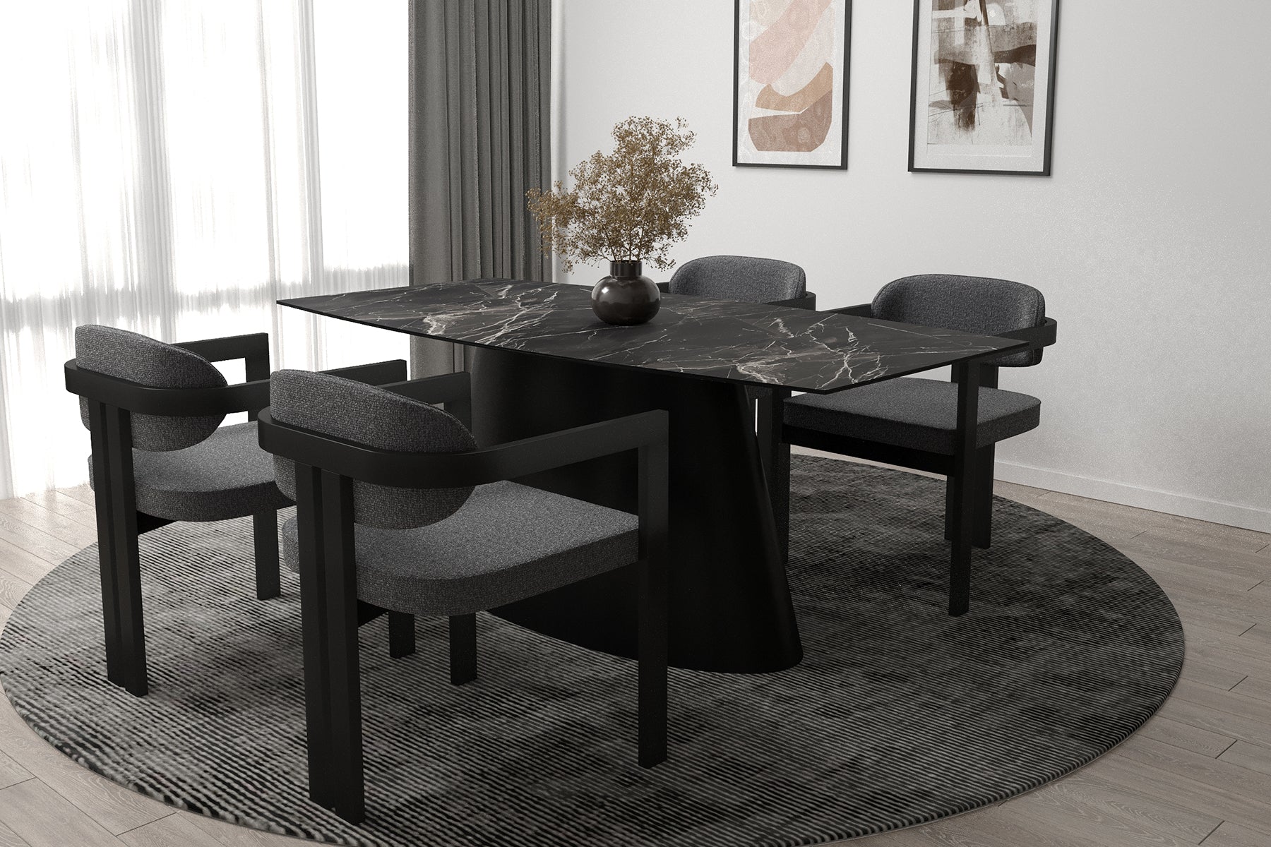 Kano Calacatta Tabla Konik Siyah Masa Takımı