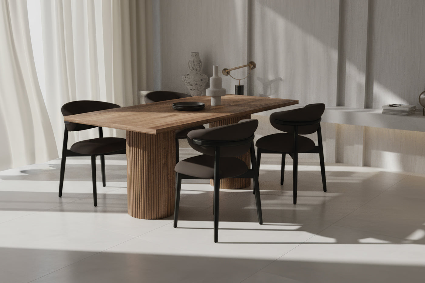 Dikdörtgen Ceviz MDF Çıtalı Ceviz Masa Takımı