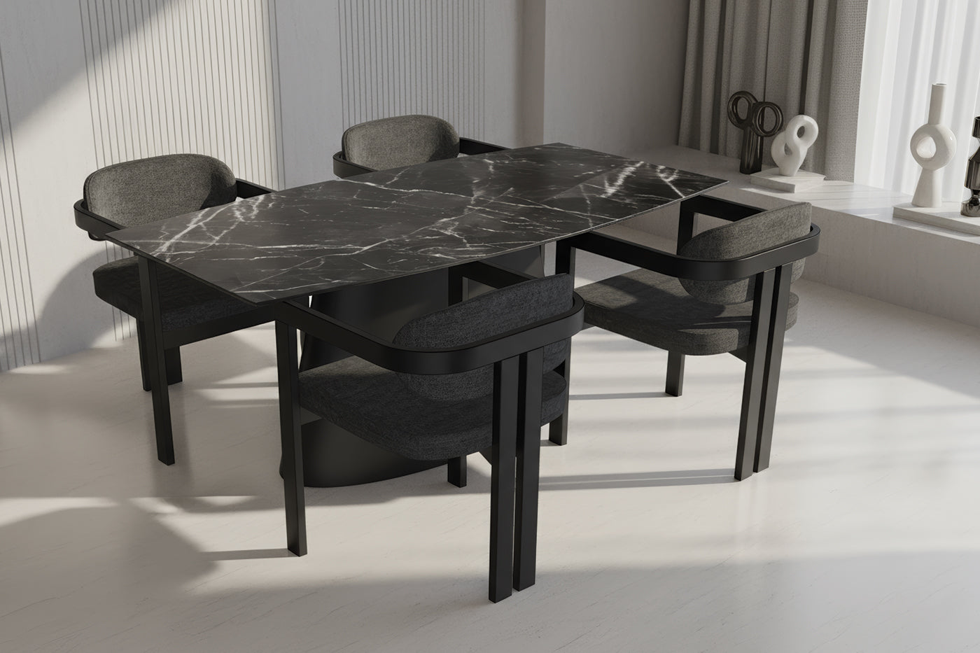 Kano Calacatta Tabla Konik Siyah Masa Takımı