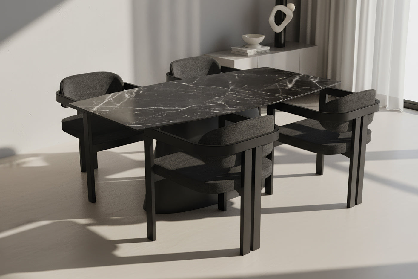 Kano Calacatta Tabla Konik Siyah Masa Takımı