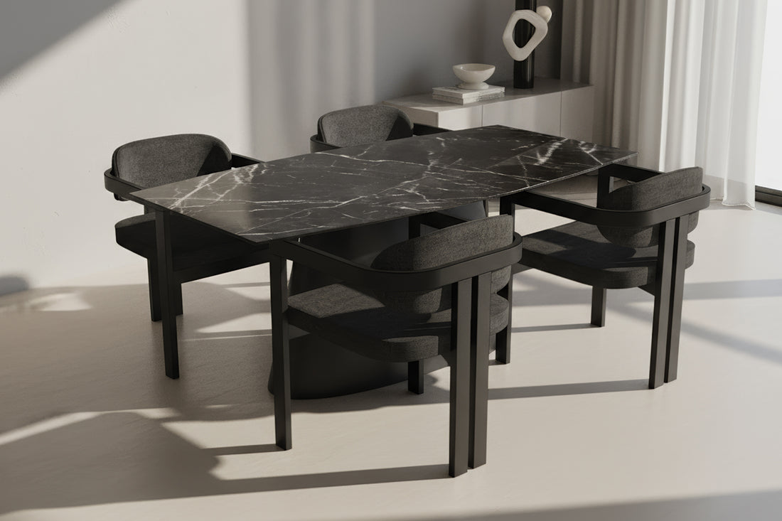 Kano Calacatta Tabla Konik Siyah Masa Takımı