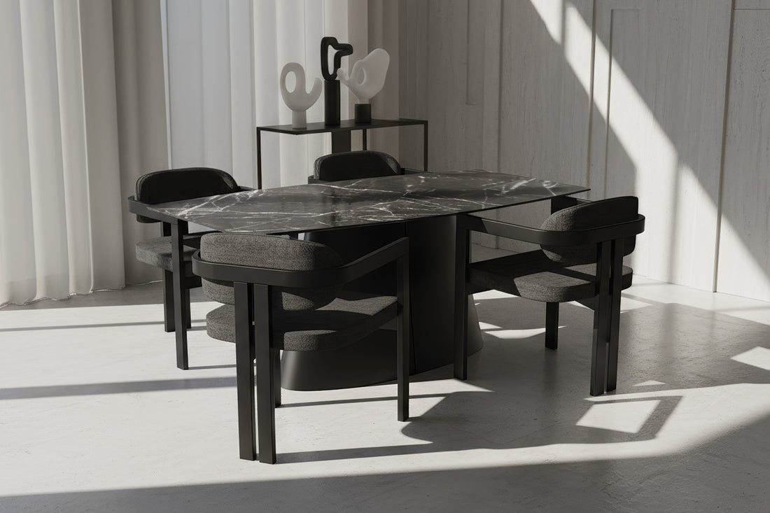 Kano Calacatta Tabla Konik Siyah Masa Takımı