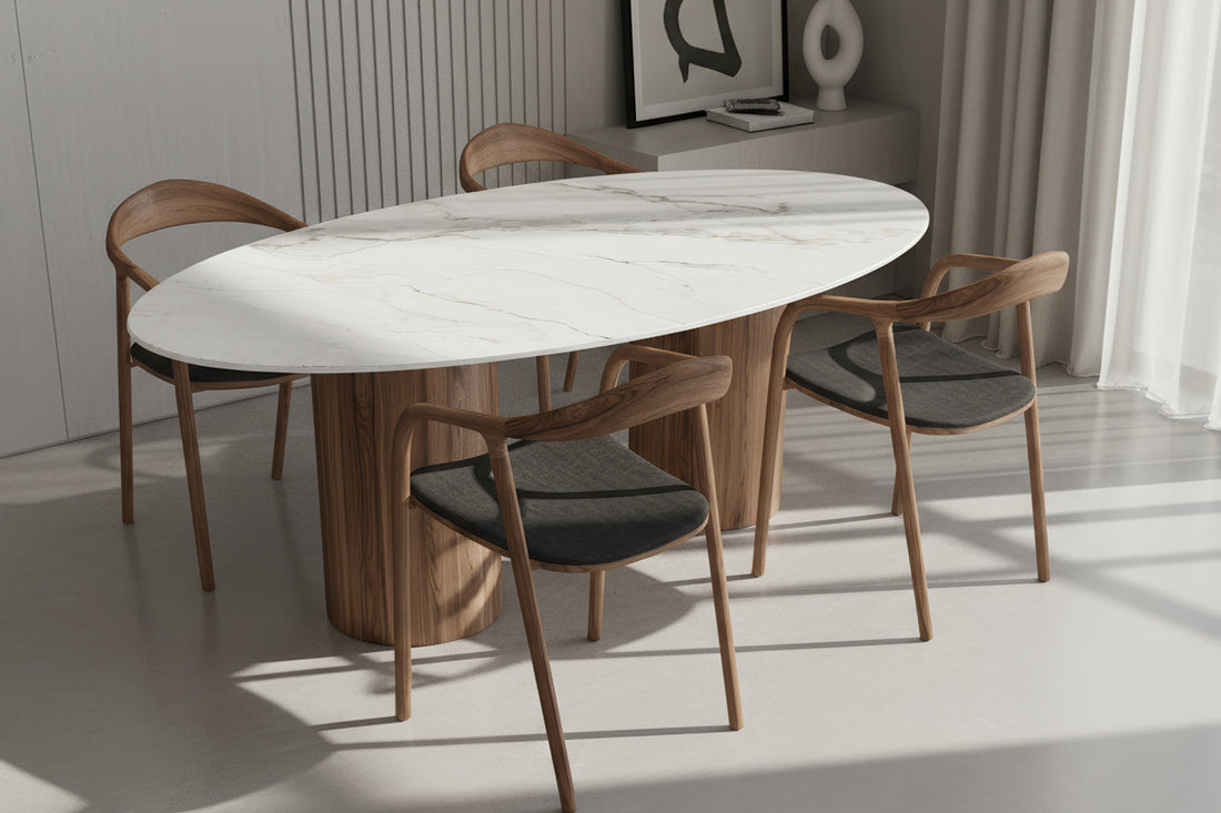 Elips Seramik Adel Tabla Silindir Ceviz Masa Takımı