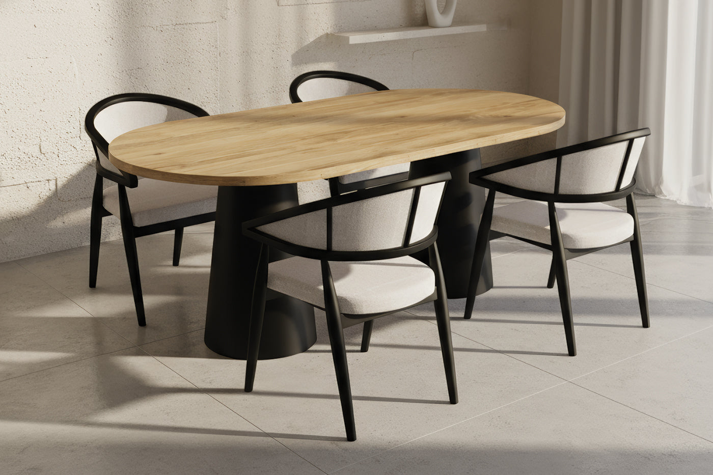 Oval Meşe MDF Konik Siyah Masa Takımı