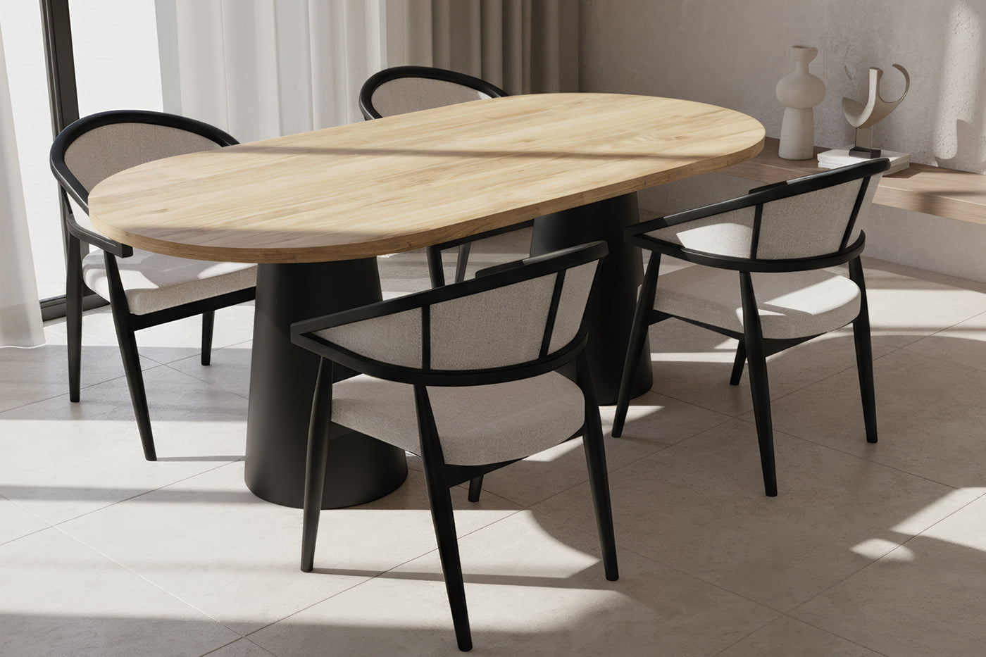 Oval Meşe MDF Konik Siyah Masa Takımı